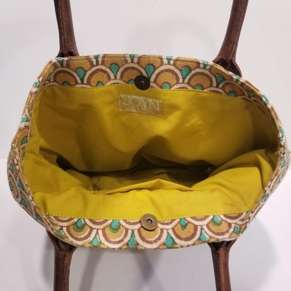 JOYN Cotton Tote Arch Print Brown Leather Yellow Green Shoulder Bag Lined Pocket - Picture 5 of 14